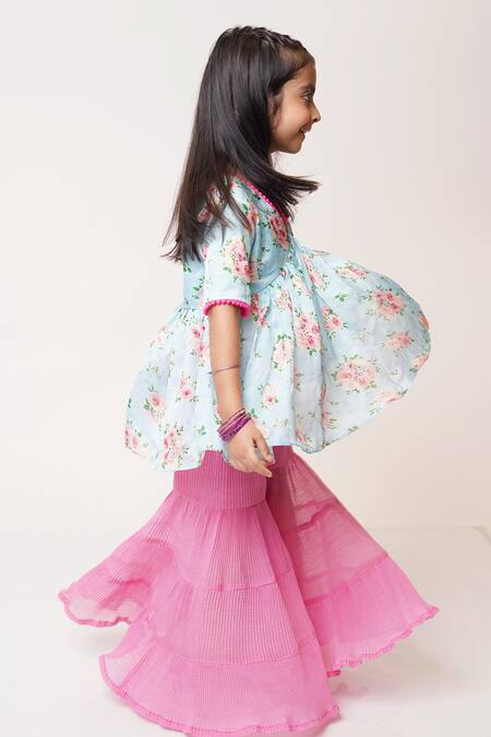 Tiny Pants_Blue Georgette, Satin Embroidery Floral Pattern Kurta And Sharara Set _Online_at_Aza_Fashions