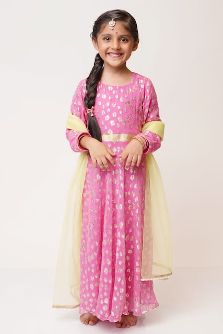 Tiny Pants_Pink Georgette Foil Printing, Embroidery Anarkali With Dupatta _Online_at_Aza_Fashions
