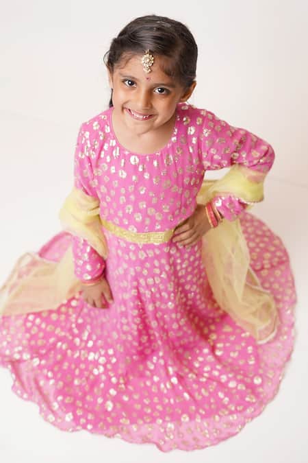 Buy_Tiny Pants_Pink Georgette Foil Printing, Embroidery Anarkali With Dupatta _Online_at_Aza_Fashions