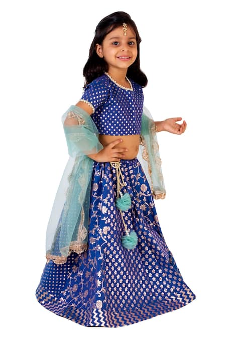 Tiny Pants_Blue Chanderi Cotton, Net Pearls, Embroidery Floral Lehenga Set _Online_at_Aza_Fashions