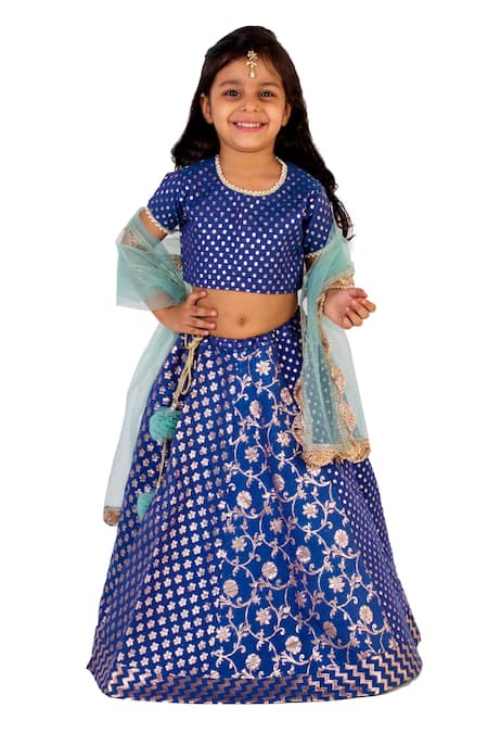 Buy_Tiny Pants_Blue Chanderi Cotton, Net Pearls, Embroidery Floral Lehenga Set _Online_at_Aza_Fashions
