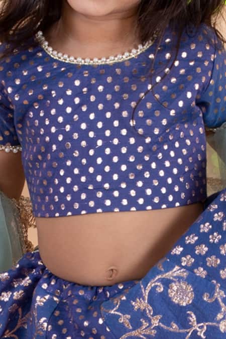 Shop_Tiny Pants_Blue Chanderi Cotton, Net Pearls, Embroidery Floral Lehenga Set _Online_at_Aza_Fashions