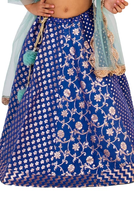 Tiny Pants_Blue Chanderi Cotton, Net Pearls, Embroidery Floral Lehenga Set _at_Aza_Fashions