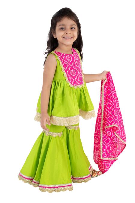 Tiny Pants_Green Cotton Gota Patti, Embroidery Bandhani Print Kurta Sharara Set _Online_at_Aza_Fashions
