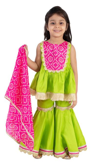 Buy_Tiny Pants_Green Cotton Gota Patti, Embroidery Bandhani Print Kurta Sharara Set _Online_at_Aza_Fashions