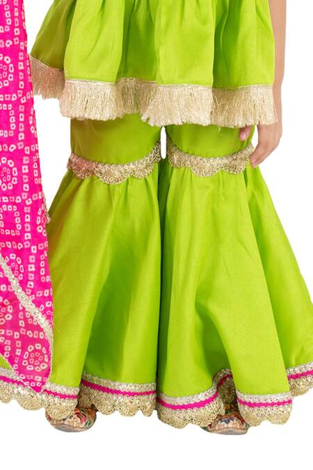 Tiny Pants_Green Cotton Gota Patti, Embroidery Bandhani Print Kurta Sharara Set _at_Aza_Fashions