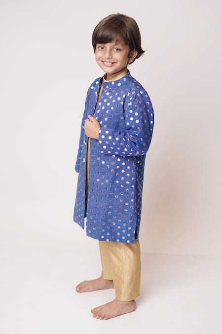 Tiny Pants_Blue Chanderi , , Satin, Silk Woven Sherwani Set _Online_at_Aza_Fashions