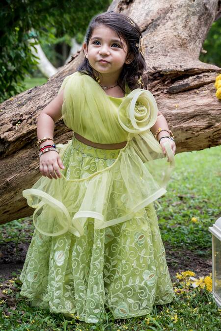 Buy_Toplove_Green Net, Satin, Cotton Embroidery Floral Crop Top And Lehenga Set_Online_at_Aza_Fashions