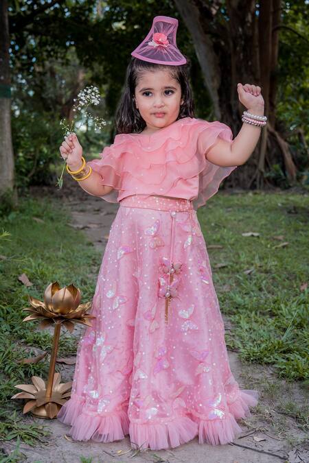 Baby Pink Net & Tulle Lehenga Set For Girls Design by The Little celebs at  Pernia's Pop Up Shop 2024