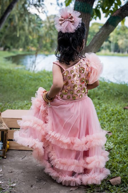 Shop Toplove Pink Net, Satin, Cotton Sequins, Embroidery Top And Frilled Lehenga Set at Aza Fashions Shop_Toplove_Pink Net, Satin, Cotton Sequins, Embroidery Top And Frilled Lehenga Set _at_Aza_Fashions