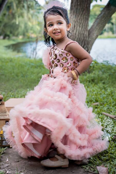 Toplove Pink Net, Satin, Cotton Sequins, Embroidery Top And Frilled Lehenga Set Online at Aza Fashions Toplove_Pink Net, Satin, Cotton Sequins, Embroidery Top And Frilled Lehenga Set _Online_at_Aza_Fashions