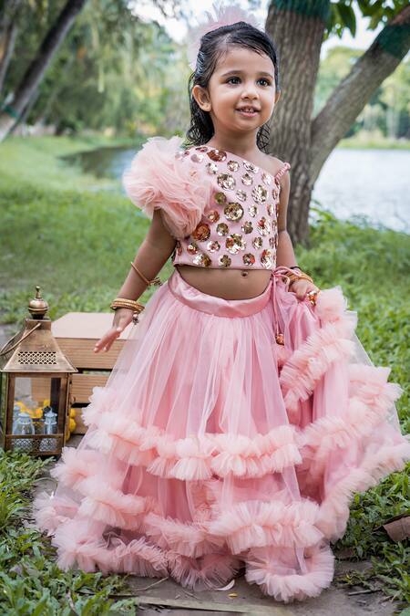 Buy Toplove Pink Net, Satin, Cotton Sequins, Embroidery Top And Frilled Lehenga Set Online at Aza Fashions Buy_Toplove_Pink Net, Satin, Cotton Sequins, Embroidery Top And Frilled Lehenga Set _Online_at_Aza_Fashions