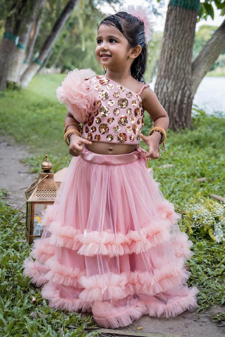 Shop Toplove Pink Net, Satin, Cotton Sequins, Embroidery Top And Frilled Lehenga Set Online at Aza Fashions Shop_Toplove_Pink Net, Satin, Cotton Sequins, Embroidery Top And Frilled Lehenga Set _Online_at_Aza_Fashions