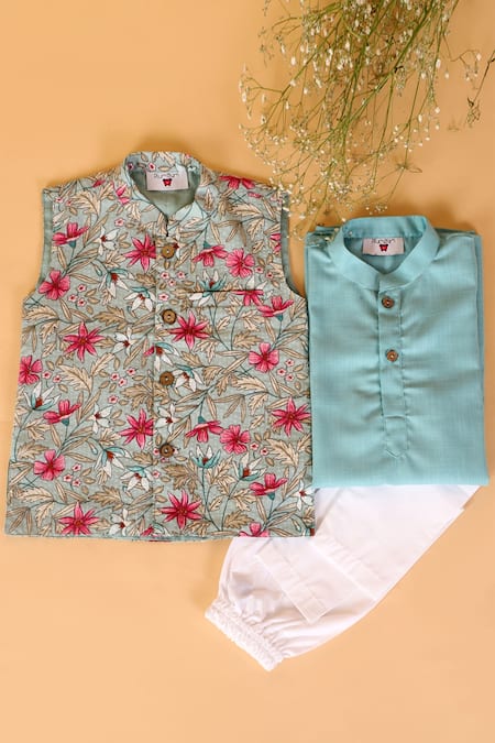 Shop The Plum Bum Blue Cotton Embroidery Floral Print Bundi And Kurta Set at Aza Fashions Shop_The Plum Bum_Blue Cotton Embroidery Floral Print Bundi And Kurta Set _at_Aza_Fashions