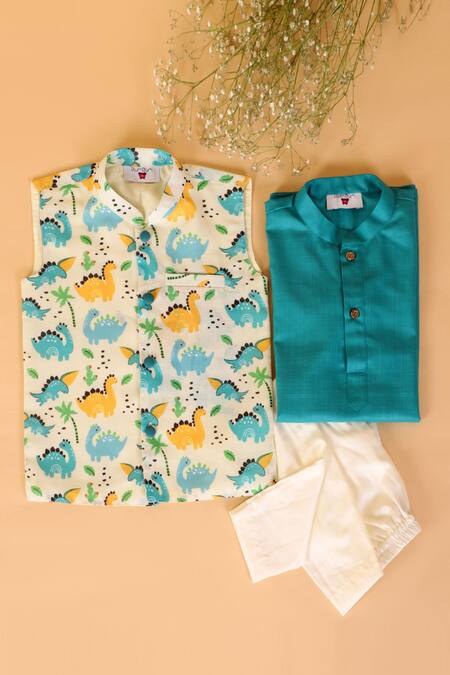 The Plum Bum_Beige Cotton, Linen Dinosaur Printed Bundi And Kurta Set _Online_at_Aza_Fashions