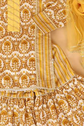 The Plum Bum_Yellow Cotton, Net Gota Patti, Embroidery Block Print Kurta Sharara Set _Online_at_Aza_Fashions