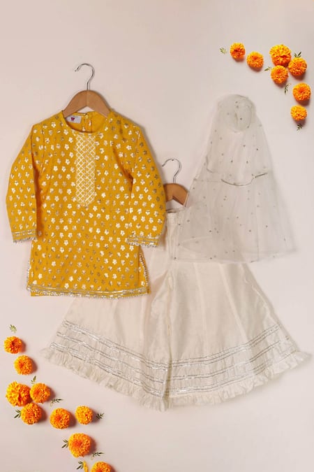 The Plum Bum Yellow Silk, Cotton, Net Gota Patti, Embroidery, Chanderi Kurta Sharara Set 