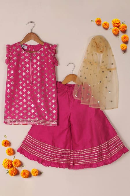 The Plum Bum Fuchsia Silk, Cotton, Net Gota Patti, Embroidery, Chanderi Kurta Sharara Set 