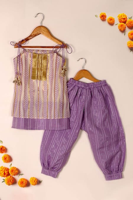 The Plum Bum Purple Cotton Fringe, Tassels, Foil Printing Leaf Dhoti Pant Set 