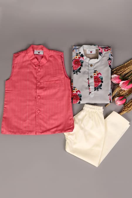 The Plum Bum Coral Cotton, Lurex, Silk Bundi And Grey Print Kurta Set 