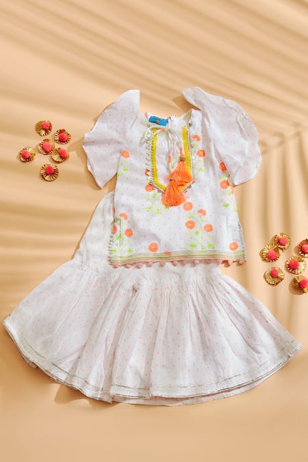 The Plum Bum White Cotton Tassels, Lace, Pom-poms Printed Kurta And Sharara Set