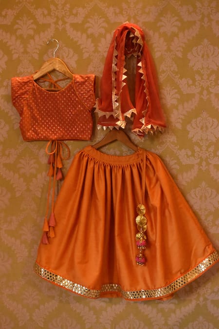 The Plum Bum Orange Choli Banarasi Brocade And Lehenga Set For Girls
