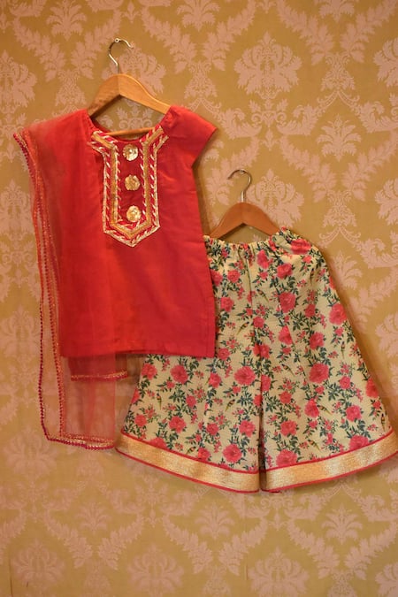 Buy Beige Kurta Cotton Silk Printed Palazzo And Set For Girls by The ...