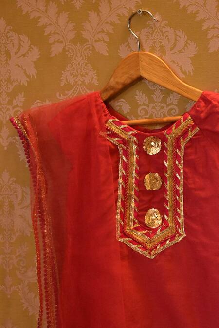 The Plum Bum_Beige Cotton, Silk, Kota Doria, Net Sequins, Lace Printed Palazzo And Kurta Set _Online_at_Aza_Fashions