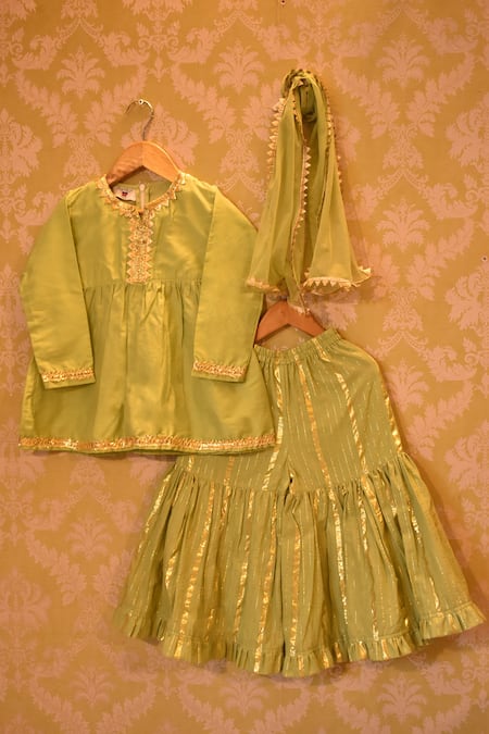 The Plum Bum Green Cotton, Net Embroidery Embellished Kurta And Sharara Set 