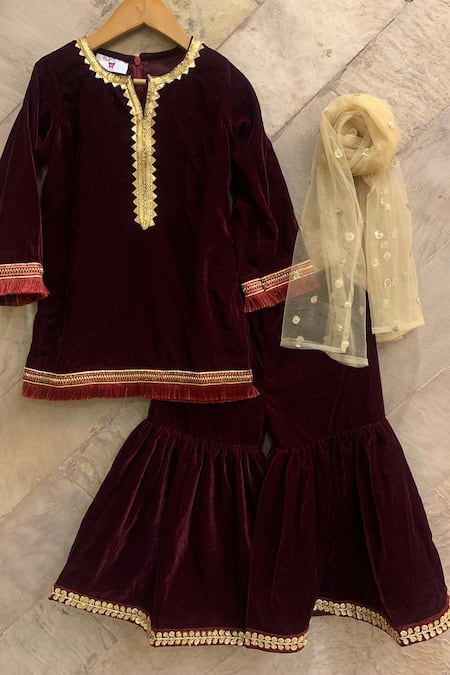 Gorgeous Maroon Floral Printed Kurti With Striped Palazzo Suit For Girls