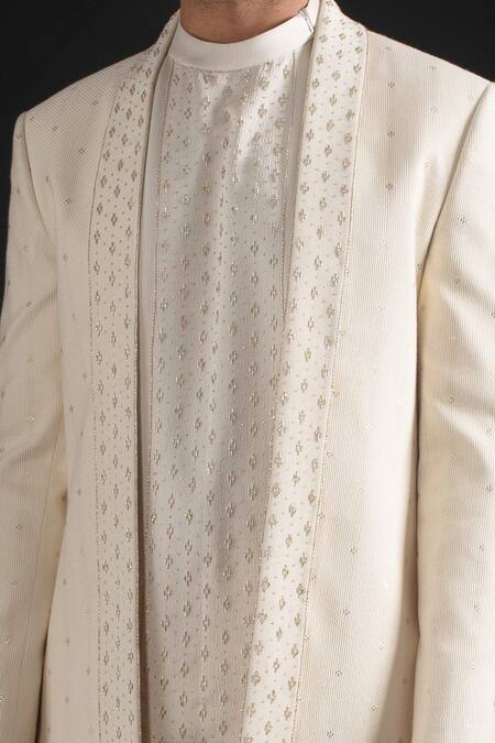 Buy_Prima Czar_White Metallic Jacquard Embroidered Achkan And Kurta Set_Online_at_Aza_Fashions