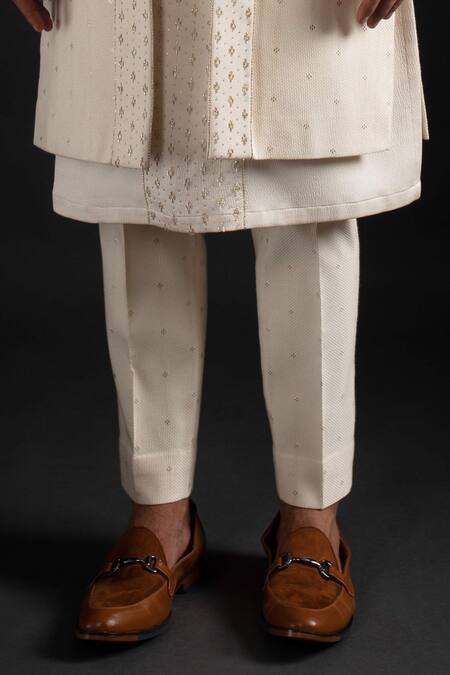 Shop_Prima Czar_White Metallic Jacquard Embroidered Achkan And Kurta Set_Online_at_Aza_Fashions