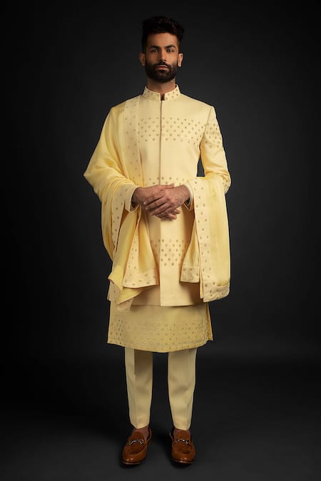 Prima Czar Yellow Twill Embroidered Achkan And Kurta Set 