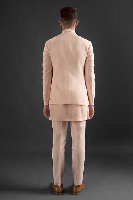 Shop_Prima Czar_Peach Twill Metallic Silver Strips Embroidered Bandhgala And Kurta Set_at_Aza_Fashions