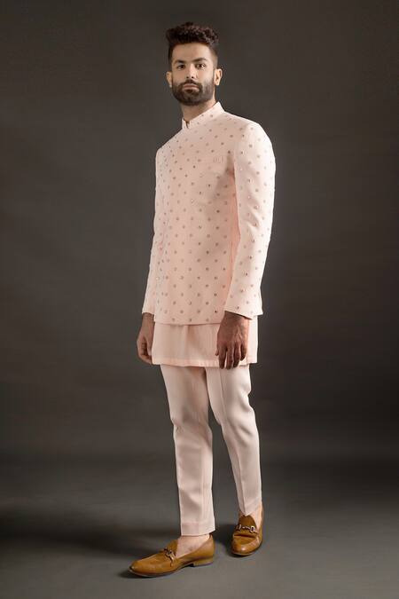 Buy_Prima Czar_Peach Twill Metallic Silver Strips Embroidered Bandhgala And Kurta Set_Online_at_Aza_Fashions
