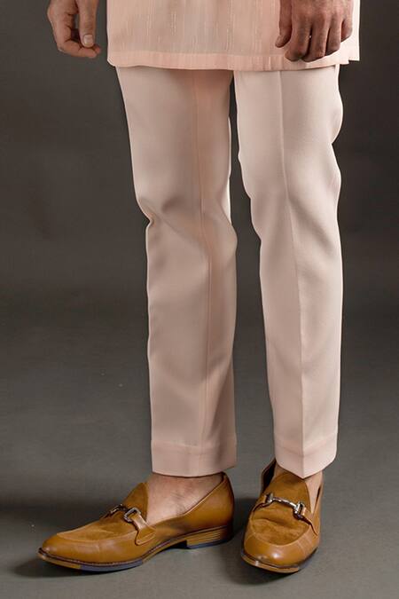 Prima Czar_Peach Twill Metallic Silver Strips Embroidered Bandhgala And Kurta Set_at_Aza_Fashions