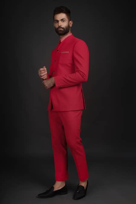 Prima Czar_Red Satin, Jacquard Bandhgala And Pant Set_Online_at_Aza_Fashions