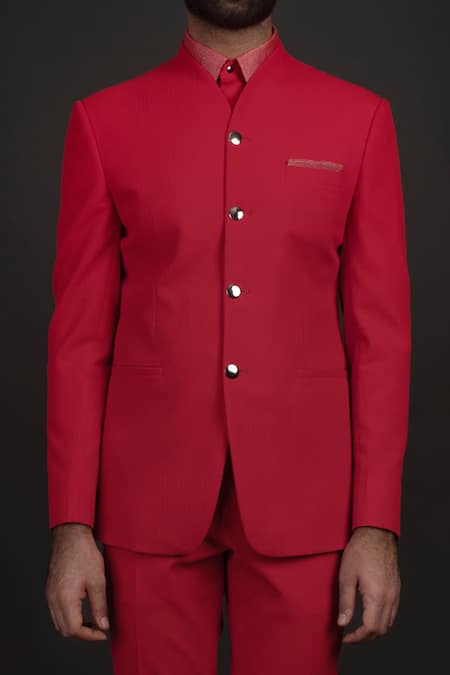 Buy_Prima Czar_Red Satin, Jacquard Bandhgala And Pant Set_Online_at_Aza_Fashions