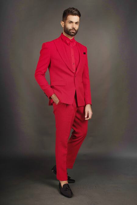 Prima Czar_Red Jacquard Shirt Satin Checkered Suit And Pant Set_Online_at_Aza_Fashions