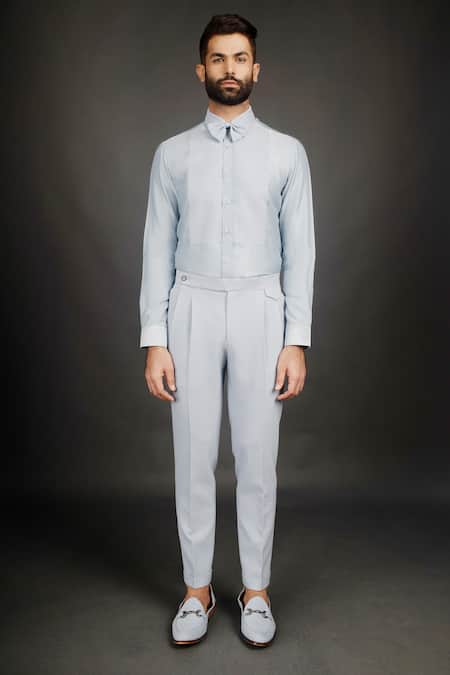 Prima Czar Blue Linen Satin Patchwork Shirt And Pant Set