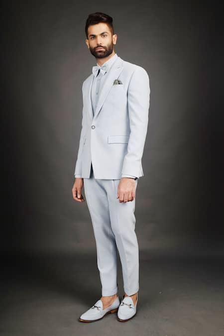 Prima Czar_Blue Twill Peak Lapel Suit And Pant Set_Online_at_Aza_Fashions
