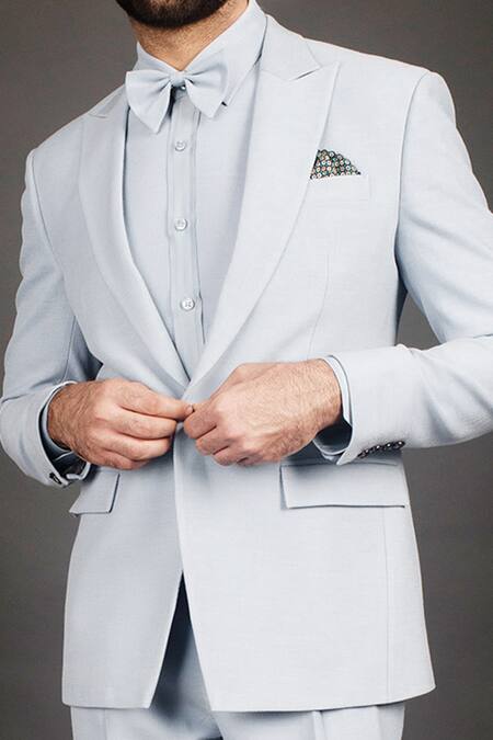 Buy_Prima Czar_Blue Twill Peak Lapel Suit And Pant Set_Online_at_Aza_Fashions