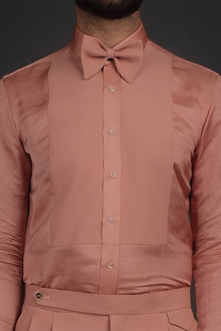 Shop_Prima Czar_Peach Linen Satin Patchwork Shirt And Pant Set_at_Aza_Fashions