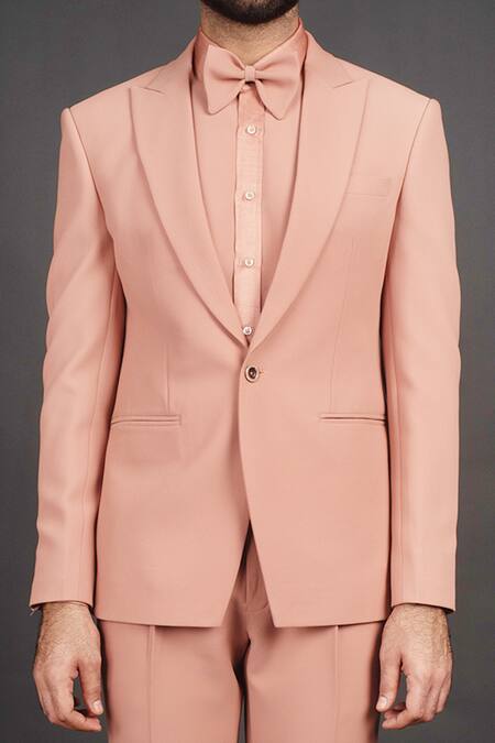 Buy_Prima Czar_Peach Dobby Peak Lapel Suit And Pant Set_Online_at_Aza_Fashions