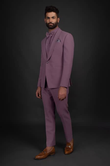 Prima Czar_Purple Twill Shawl Lapel Suit And Pant Set_Online_at_Aza_Fashions