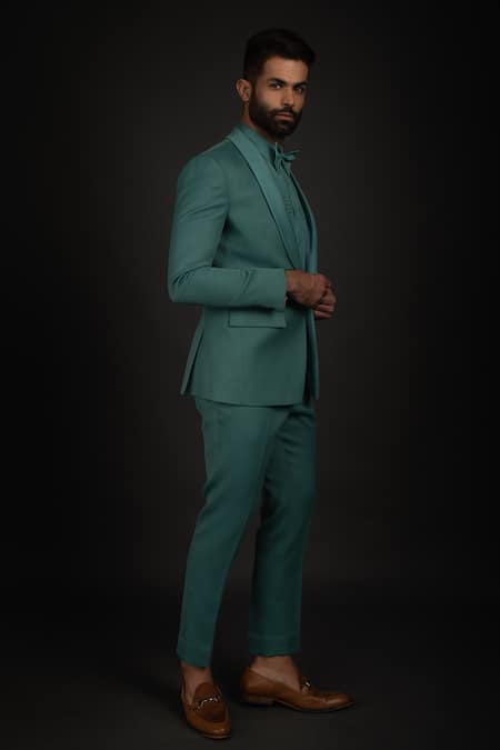 Prima Czar_Green Twill Shawl Lapel Suit And Pant Set_Online_at_Aza_Fashions
