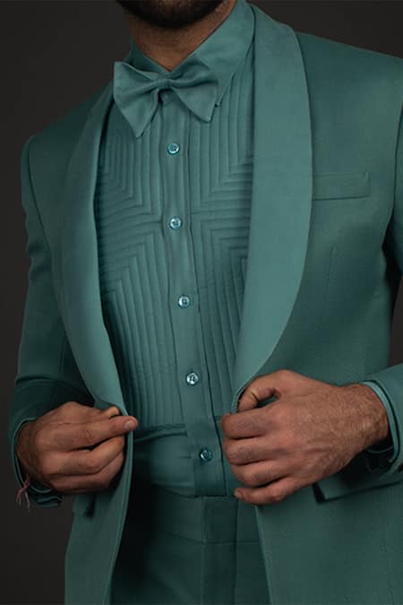 Shop_Prima Czar_Green Twill Shawl Lapel Suit And Pant Set_Online_at_Aza_Fashions