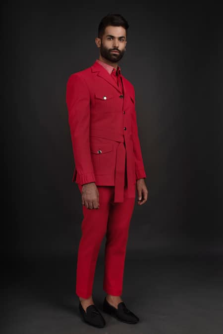 Prima Czar_Red Jacquard Utility Jacket And Pant Set_Online_at_Aza_Fashions