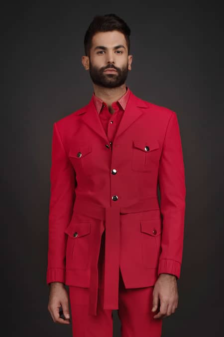 Buy_Prima Czar_Red Jacquard Utility Jacket And Pant Set_Online_at_Aza_Fashions