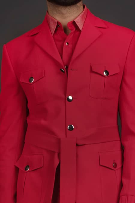 Shop_Prima Czar_Red Jacquard Utility Jacket And Pant Set_Online_at_Aza_Fashions